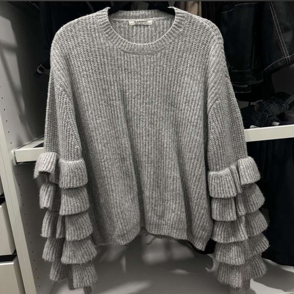 Gray Oversized Knit Jumper/Sweater with Jumbo Tiered Ruffle Sleeves